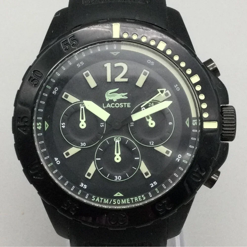 Lacoste Fidji Chronograph Mens Watch 47mm Black Dial Silicone Band New Battery